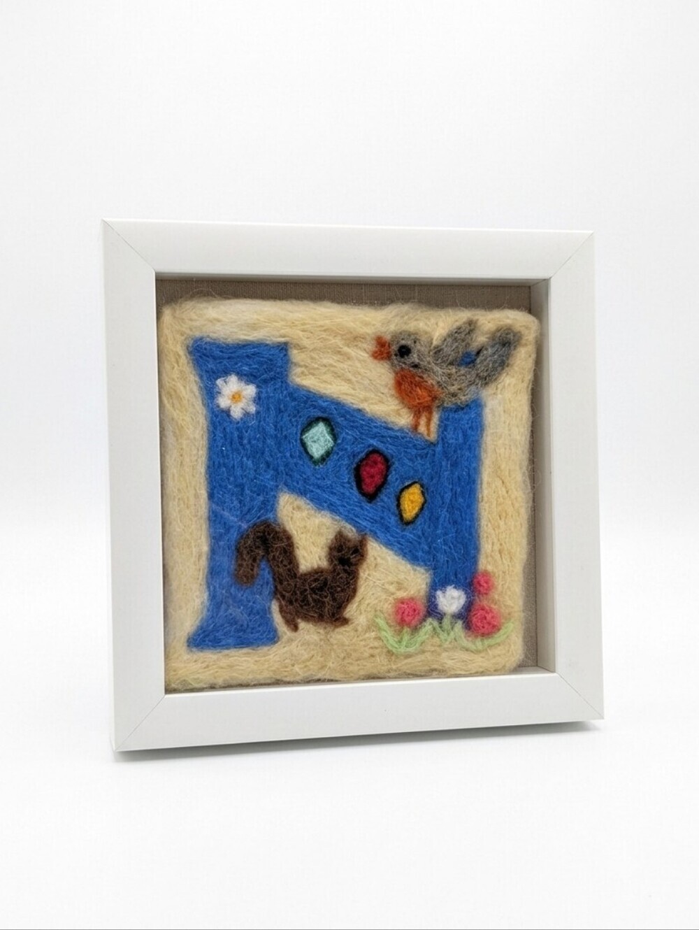 Handmade Felted Letter “N” Wall Art in Shadow Box Frame